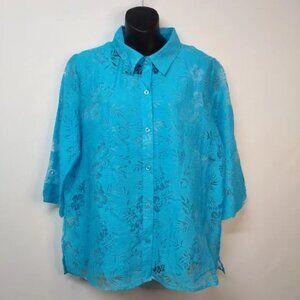 Salon Studio 2 Pieces Set Blue Abstract Floral Button Down Top Blouse Size L